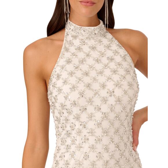 LIV FOSTER Sequin Beaded Halter Dress Size 6 Ivory Bead Fringe Trim NWT FLAW - Picture 2 of 16
